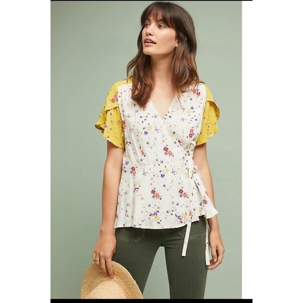 Meadow Rue by Anthropologie Bon Voyage Floral Wrap Blouse Size‎ 6 Yellow